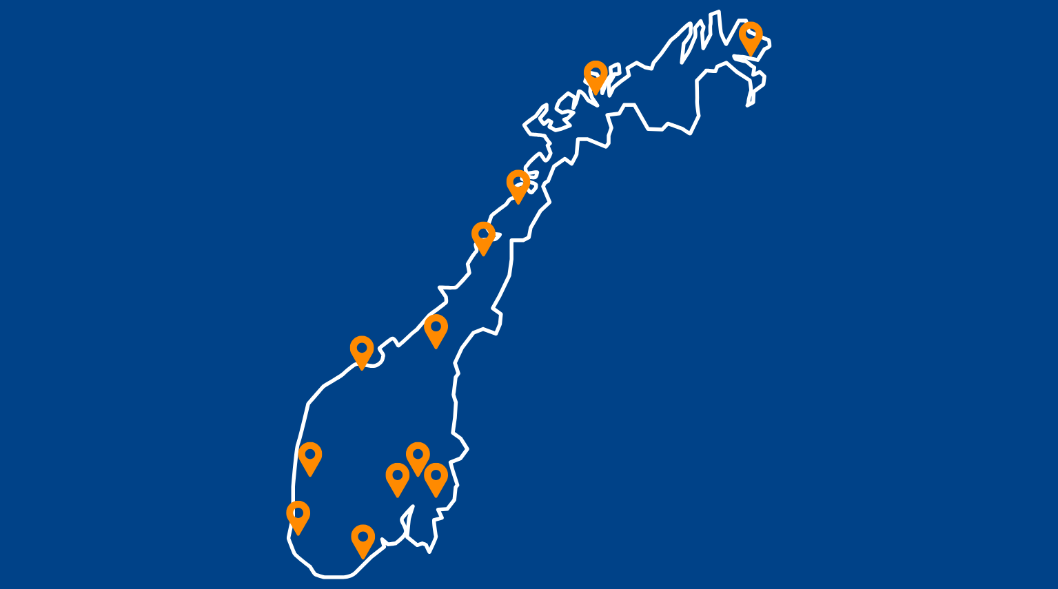 Norgeskart med alle de 12 opplæringsfengslene markert.
